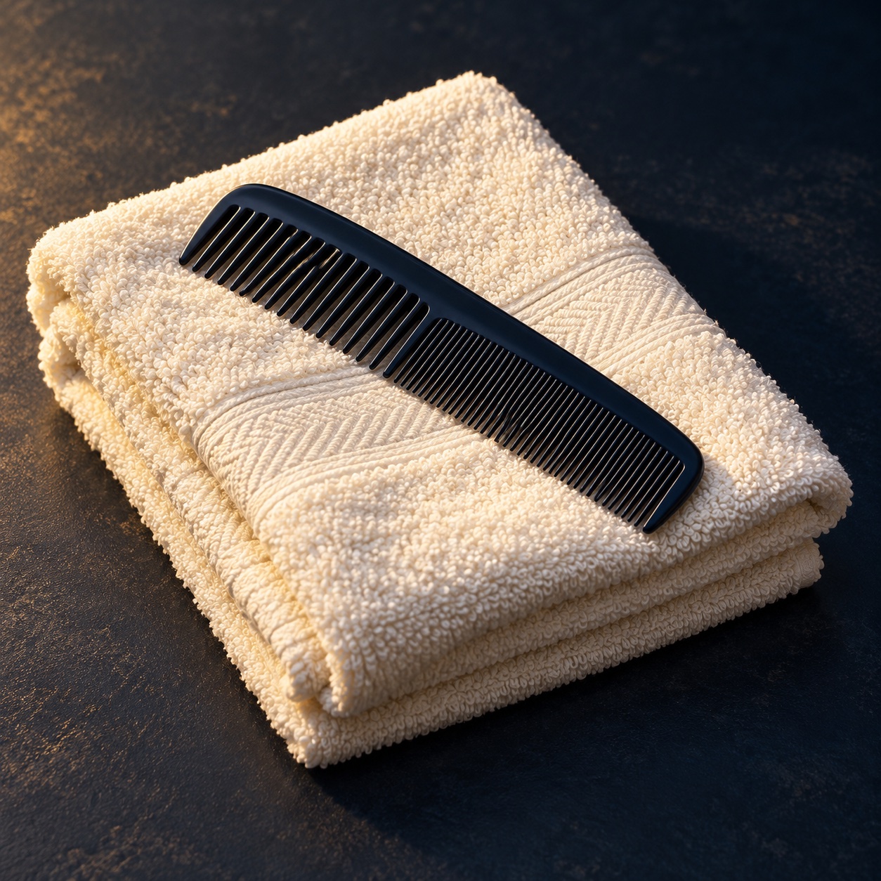 Illustrative studio study of a navy comb on a folded ivory towel